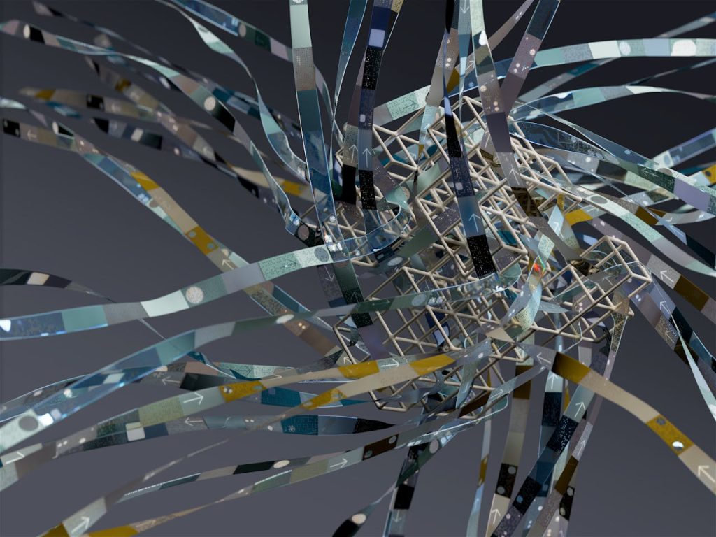 Intricate wireframe with dynamic ribbons in an abstract 3D composition.