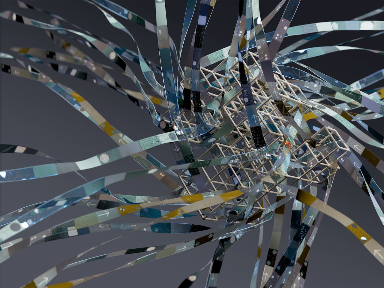 Intricate wireframe with dynamic ribbons in an abstract 3D composition.